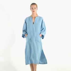 Summer dress blue Linen kurta Dress casual short linen dress linen clothing gift for women pregnancy dress for mother image 2