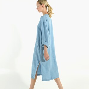 Summer dress blue Linen kurta Dress casual short linen dress linen clothing gift for women pregnancy dress for mother image 5