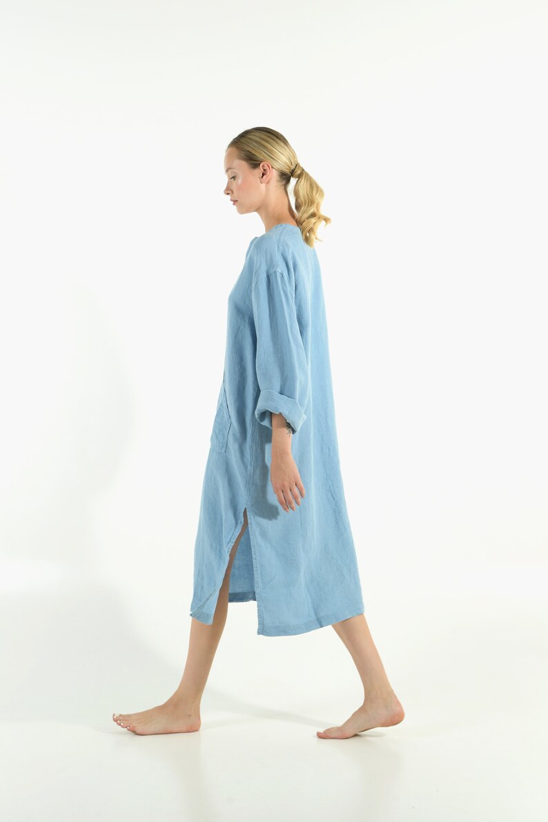 Summer dress blue Linen kurta Dress casual short linen dress linen clothing gift for women pregnancy dress for mother image 5