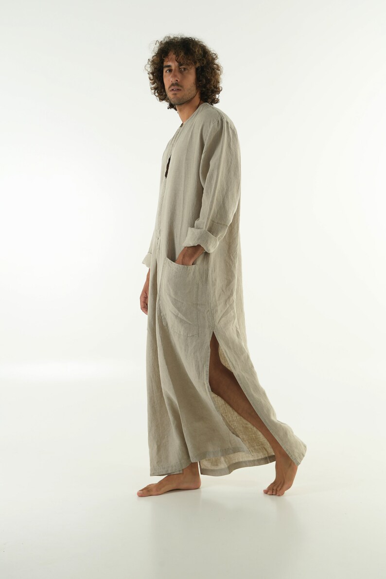 Mens Linen Kaftan NATURAL Long Sleeve Loose Fit Side Split Thobe With