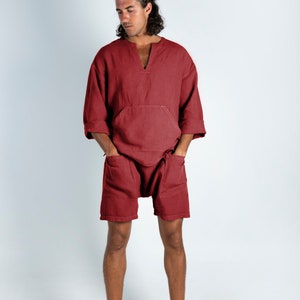 Linen Red Shorts. AMMOS SHORTS. Ancient Red pure linen HAREM Shorts for men. Simple, trendy, comfortable, quality soft linen. image 6