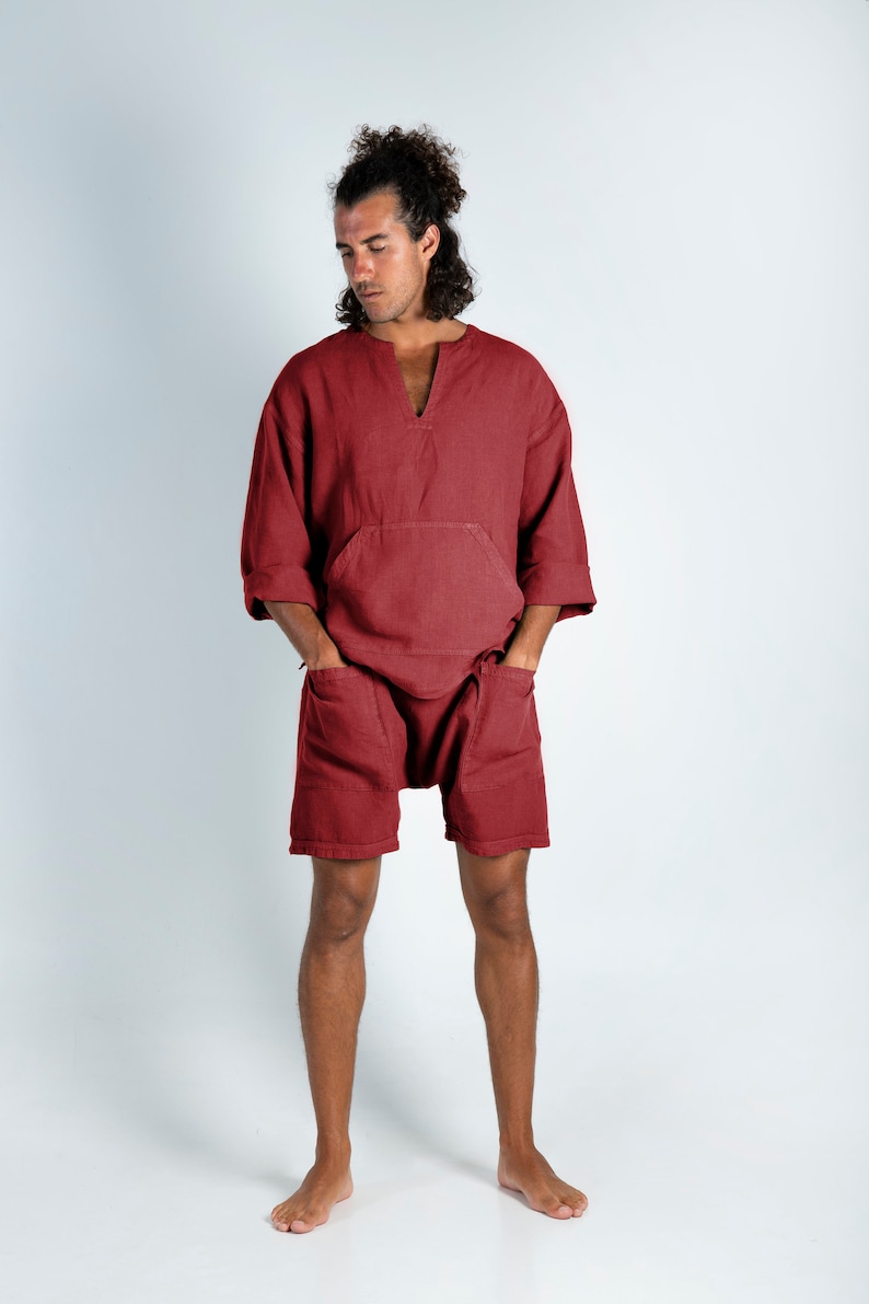 Linen Red Shorts. AMMOS SHORTS. Ancient Red pure linen HAREM Shorts for men. Simple, trendy, comfortable, quality soft linen. image 6