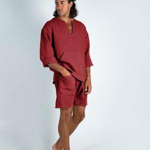 Linen Red Shorts. AMMOS SHORTS. Ancient Red pure linen HAREM Shorts for men. Simple, trendy, comfortable, quality soft linen. image 5