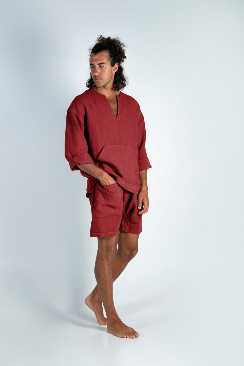 Linen Red Shorts. AMMOS SHORTS. Ancient Red pure linen HAREM Shorts for men. Simple, trendy, comfortable, quality soft linen. image 5