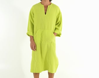 Linen Man caftan/dress. CLASSICO MIDI. Lime GREEN pure linen tunic for men. Simple, contemporary, comfortable design with front pocket.