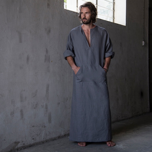 CLASSICO. Men's stylish 100% linen homewear. Fashionable "lead grey" kaftan. Men's kaftan