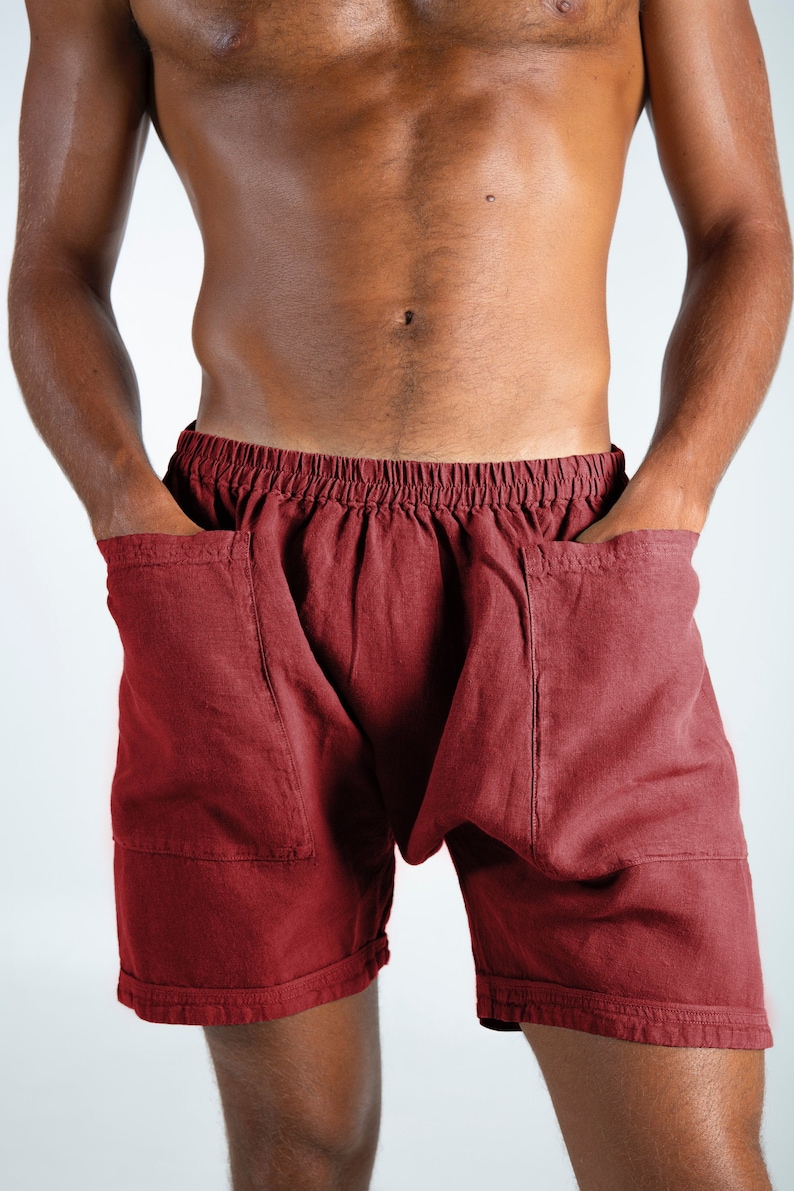 Linen Red Shorts. AMMOS SHORTS. Ancient Red pure linen HAREM Shorts for men. Simple, trendy, comfortable, quality soft linen. image 1