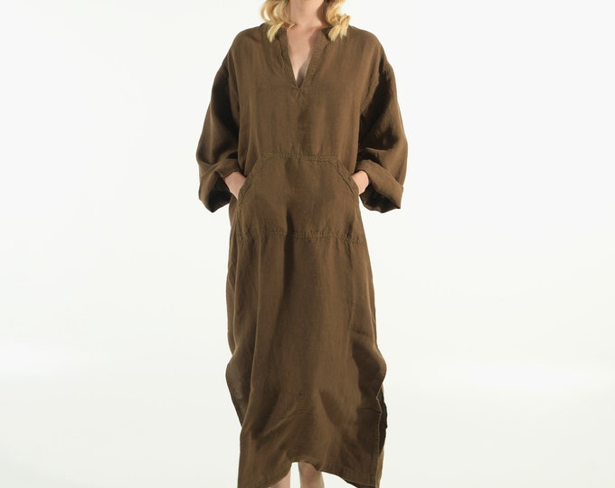 Linen kaftan/dress for woman.JEFF caftan. Cocoa BROWN. Soft linen kaftan for women with front pocket. Unique, simple, comfortable.