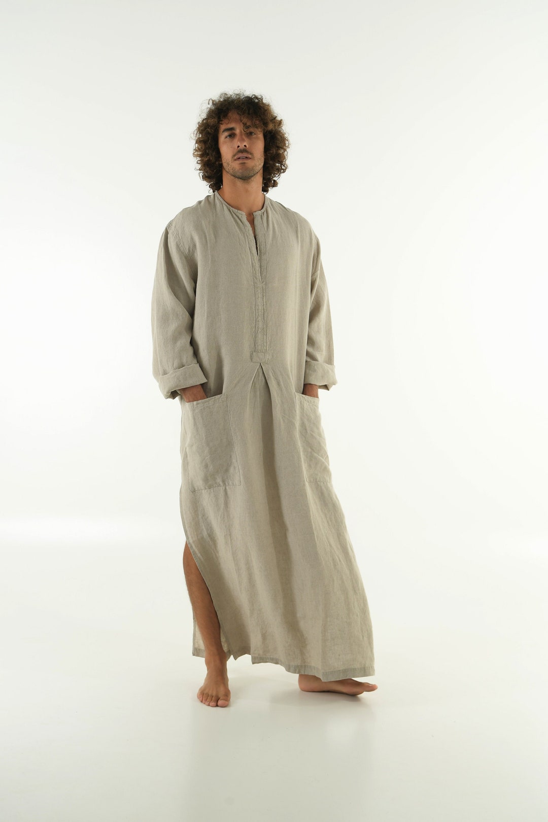 Mens Linen Kaftan NATURAL Long Sleeve Loose Fit Side Split Thobe With