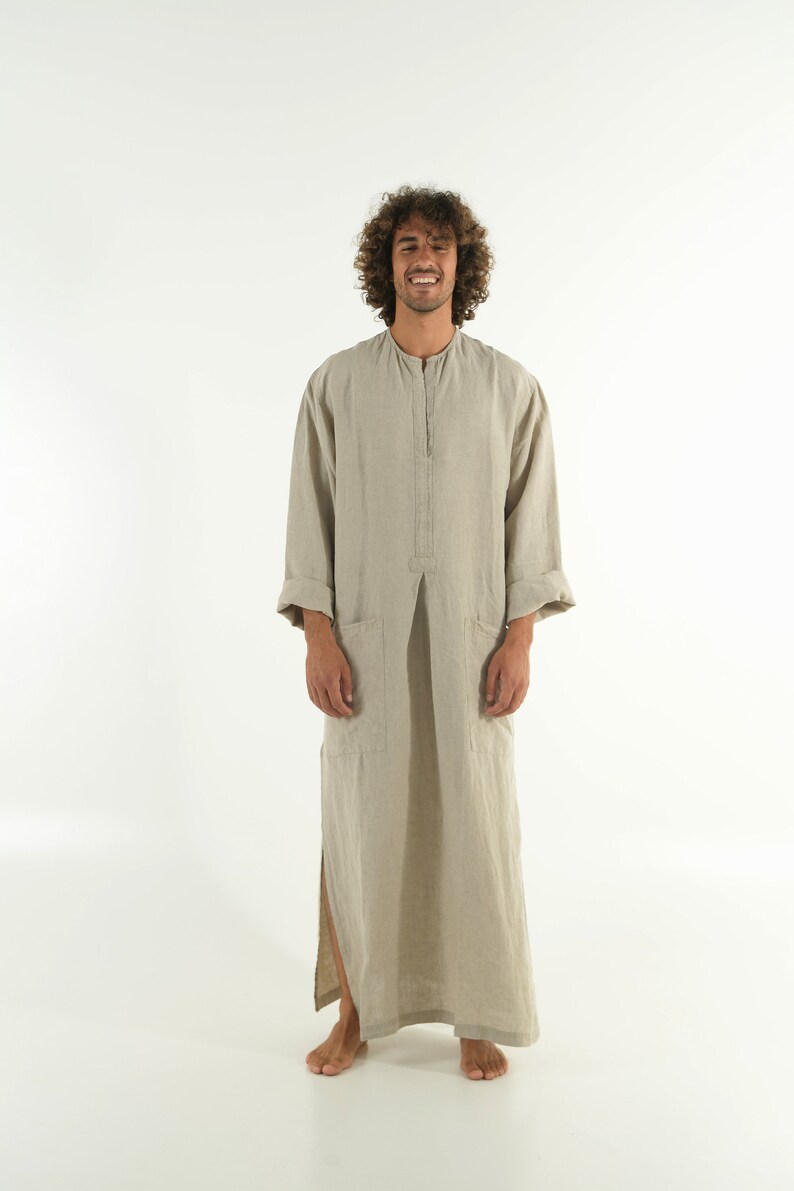Mens Linen Kaftan NATURAL Long Sleeve Loose Fit Side Split Thobe With