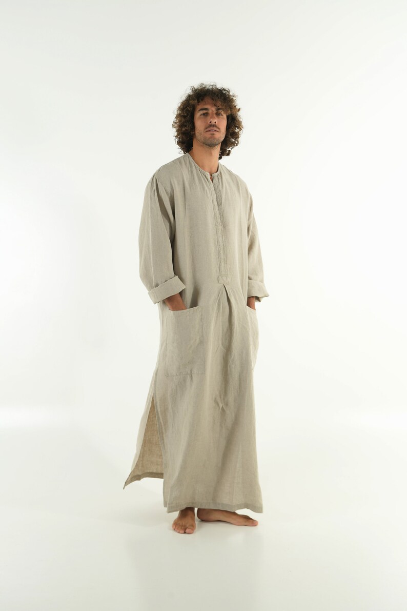 Mens Linen Kaftan NATURAL Long Sleeve Loose Fit Side Split Thobe With