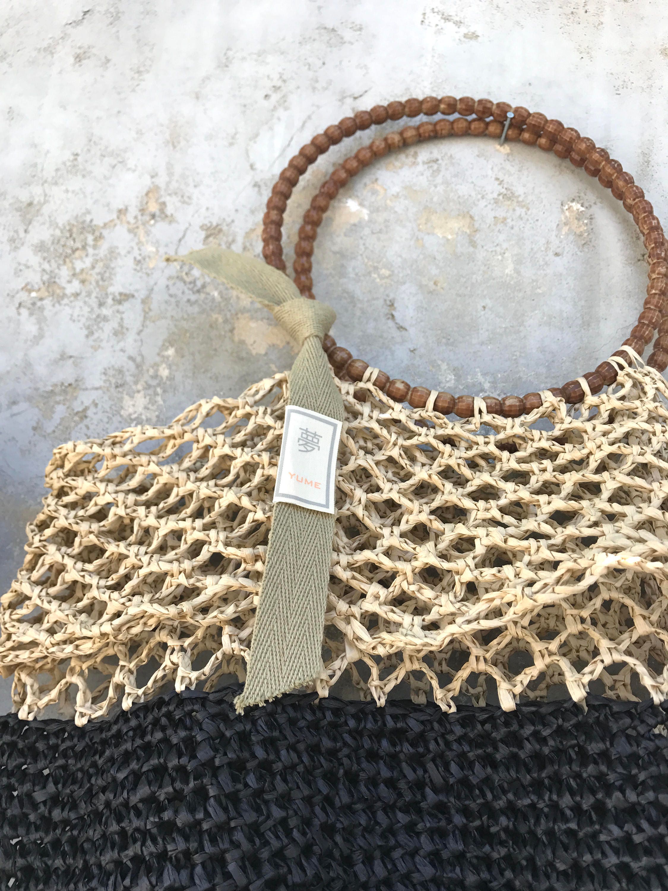 BLACK/NATURAL RAFFIA Bag. Double colour hand knitted natural straw bag