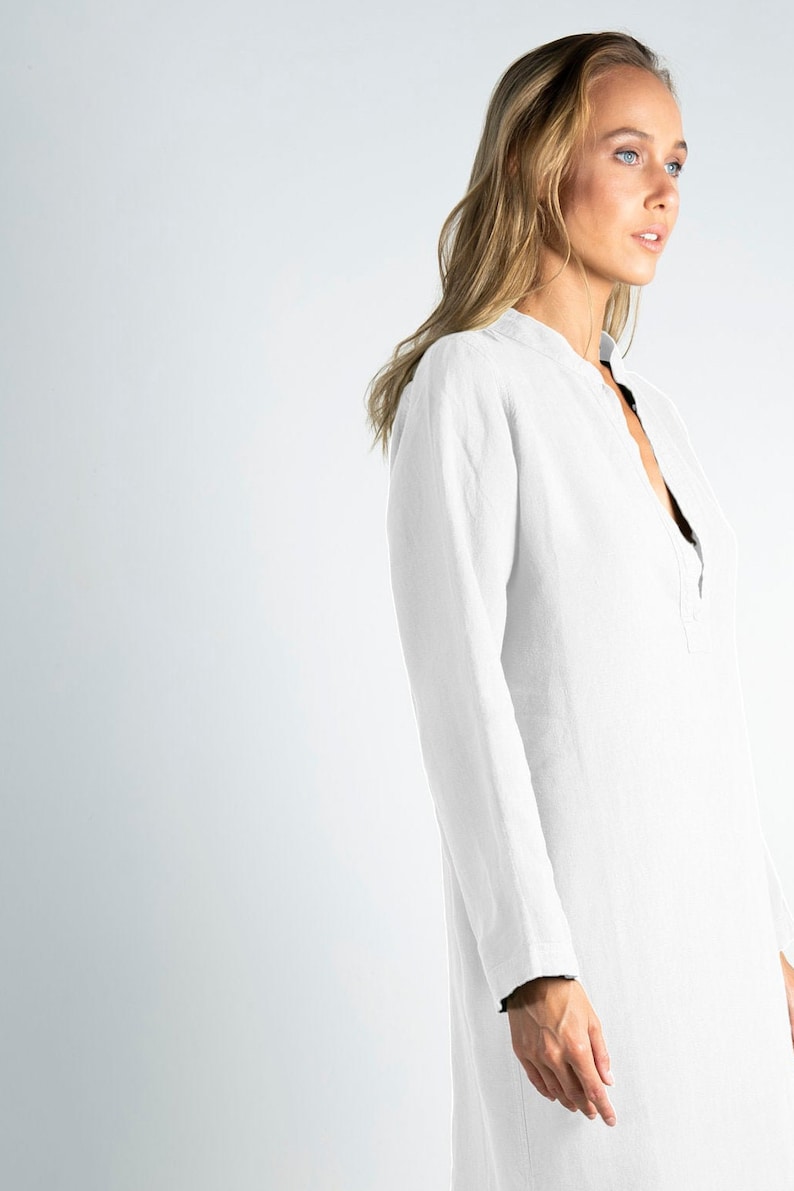 Long Linen Dress EMMA. Bright WHITE long linen shirtdress. Simple, elegant, cool caftan. image 5