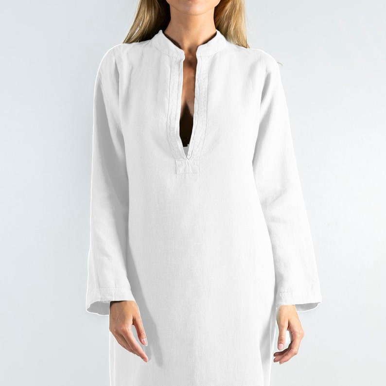 Long Linen Dress EMMA. Bright WHITE long linen shirtdress. Simple, elegant, cool caftan. image 6