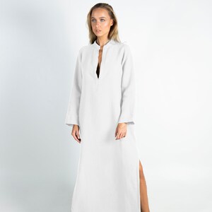 Long Linen Dress EMMA. Bright WHITE long linen shirtdress. Simple, elegant, cool caftan. image 3