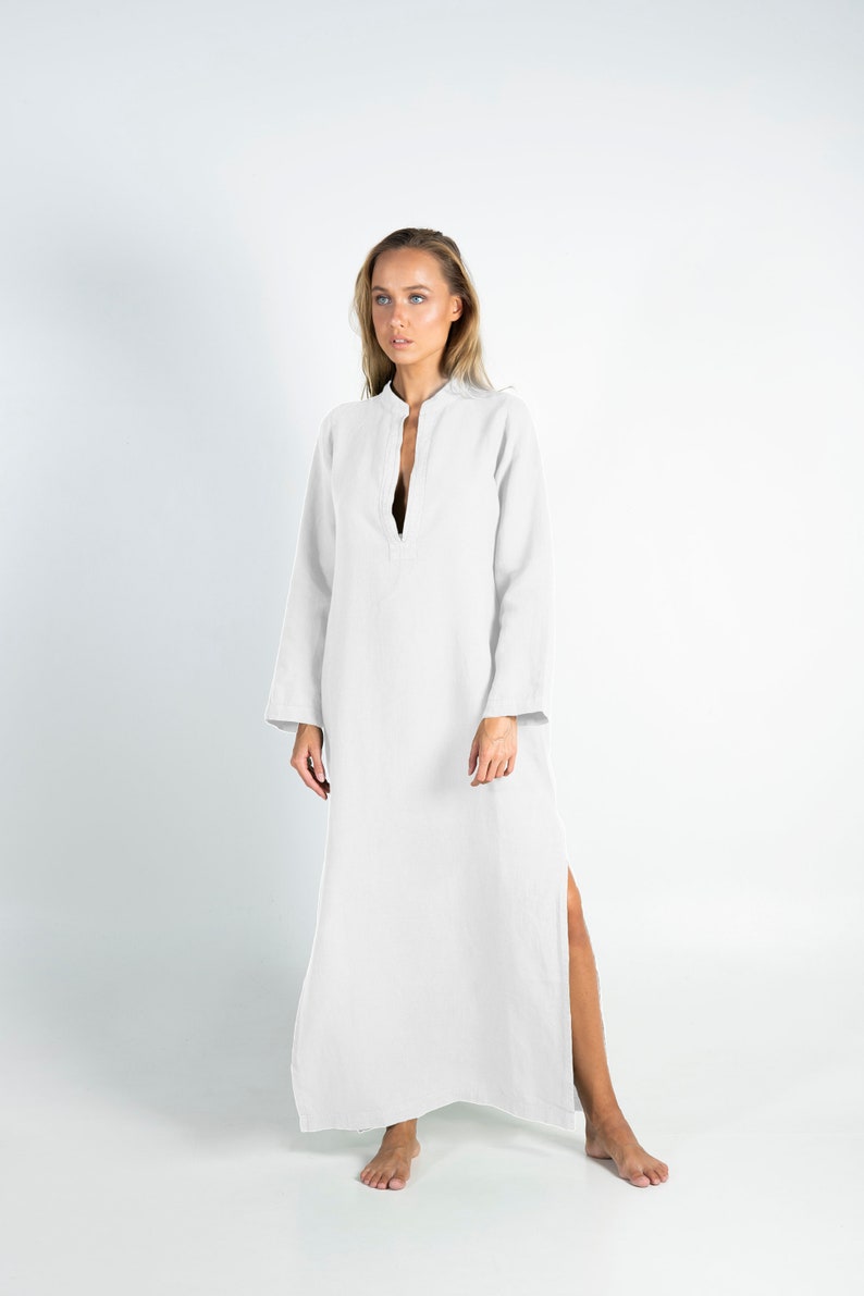 Long Linen Dress EMMA. Bright WHITE long linen shirtdress. Simple, elegant, cool caftan. image 3