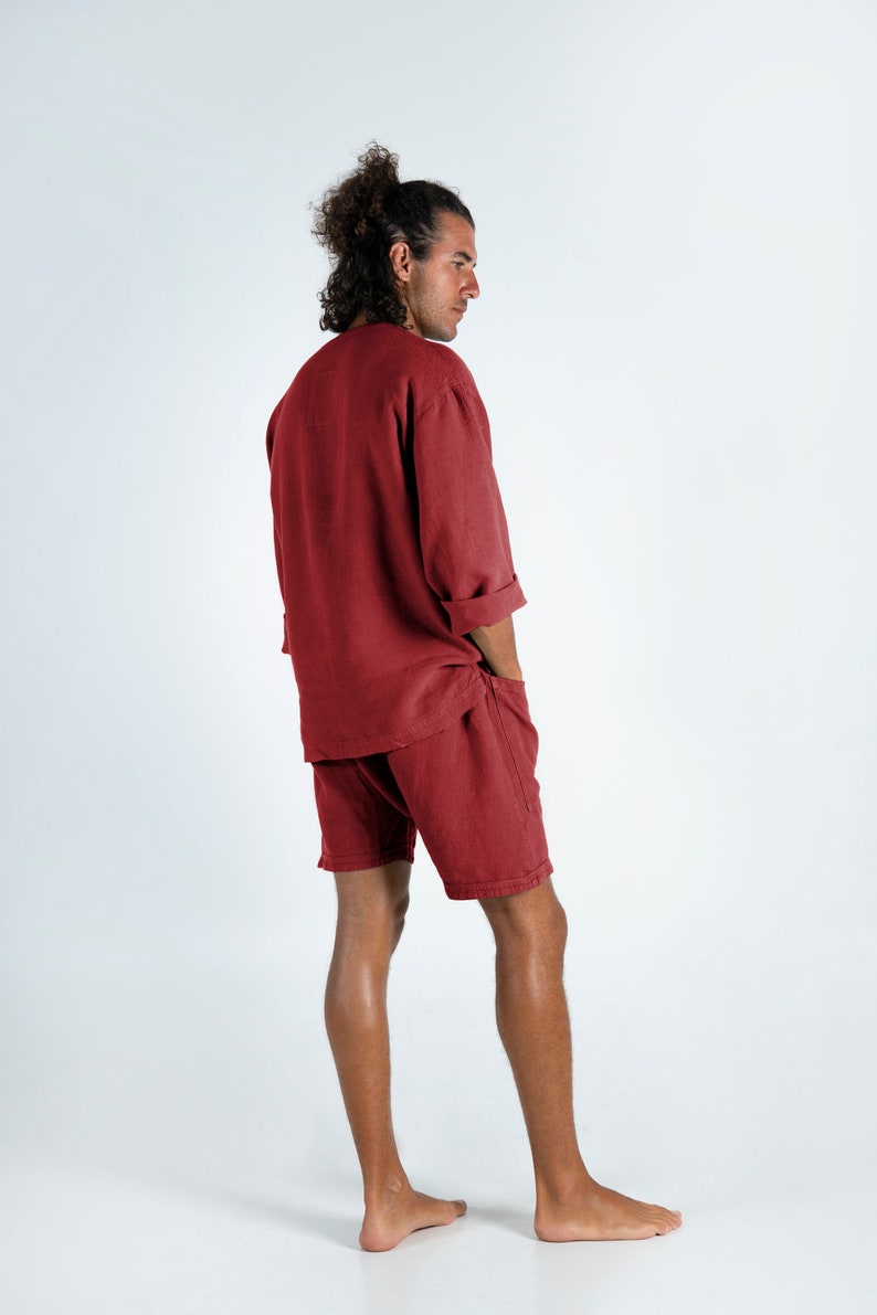 Linen Red Shorts. AMMOS SHORTS. Ancient Red pure linen HAREM Shorts for men. Simple, trendy, comfortable, quality soft linen. image 9