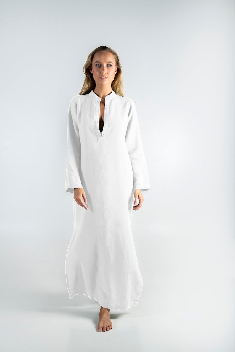 Long Linen Dress EMMA. Bright WHITE long linen shirtdress. Simple, elegant, cool caftan. image 1