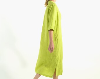 Classic Linen Dress LIME GREEN Mid Length Half Sleeve