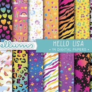 May include: A collection of 14 digital papers with various patterns, including hearts, rainbows, butterflies, and animal prints. The papers feature a vibrant color palette with text that reads "HELLO LISA".