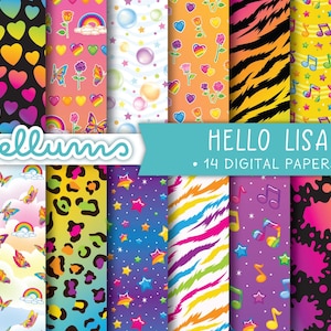 Hallo Lisa Digitales Papier | DRUCKBARE Jpg | 8,5x11 & 12x12 | 90er Jahre Party Scrapbook Papiere | Funky Regenbogen Hintergrund