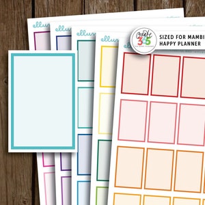 Puede incluir: Pegatinas imprimibles para planificador con bordes de colores. Las pegatinas están diseñadas para el Mambi Happy Planner. El texto "Create 365 The Happy Planner" está en un círculo con un borde rojo. El texto "Sized for Mambi Happy Planner" está en texto negro. El texto "Free Printable Sticker Book - ellumkatey.com" está en texto negro.