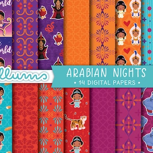 Arabian Nights Digital Paper / PRINTABLE Jpg / 8.5 x 11 and 12x12 / Disney™ Aladdin Inspired Scrapbook Papers / Princess Jasmine Genie Abu