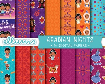 Arabian Nights digitaal papier | AFDRUKBARE jpg | 8,5 x 11 en 12x12 | Disney™ Aladdin geïnspireerd scrapbook papers | Prinses jasmijn genie Abu