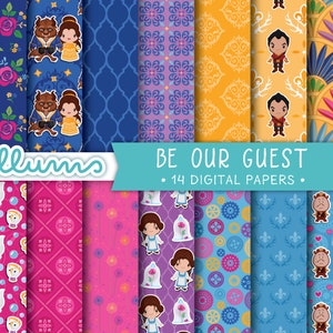 Essere il nostro ospite carta digitale Jpg PRINTABLE 12x12 . Disney™ La Bella e la Bestia Ispirata Scrapbook Papers Princess Belle Gaston Lumiere
