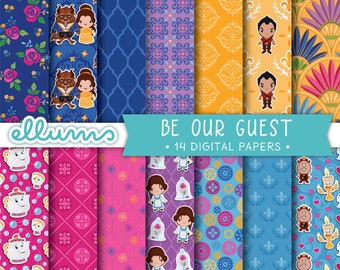 Be Our Guest Digital Paper | PRINTABLE Jpgs | 12x12 | Disney™ Beauty and the Beast Inspired Scrapbook Papers | Princess Belle Gaston Lumiere