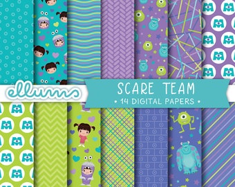 Scare Team Digital Paper | PRINTABLE Jpg | 8.5 x 11 and 12x12 | Disney™ Monsters Inc Inspired Scrapbook Papers | Mike Sully Boo Pixar Movie