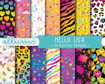 Papier numérique Hello Lisa | Jpg IMPRIMABLE | 8,5 x 11 et 12 x 12 | Papiers de scrapbooking pour fête des années 90 | Fond arc-en-ciel génial | Inspiré par Lisa Frank