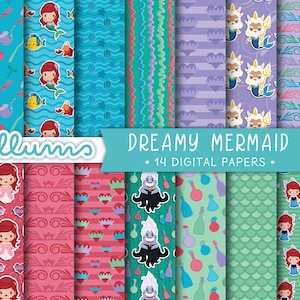 May include: A set of 14 digital papers featuring a whimsical mermaid theme. The papers include various patterns with mermaids, seashells, and other ocean-inspired elements. The papers are perfect for scrapbooking, card making, and other creative projects.