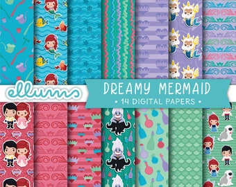 Dreamy Mermaid Digital Paper | PRINTABLE Jpgs | 12x12 | Disney™ Little Mermaid Inspired Scrapbook Papers | Princess Ariel Prince Eric Ursula