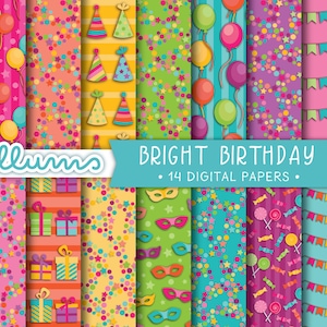 Carta digitale di compleanno / STAMPABILE Jpg / 8,5 x 11 e 12x12 / Bright Birthday Scrapbook Papers / Rainbow Bday Background / Download istantaneo