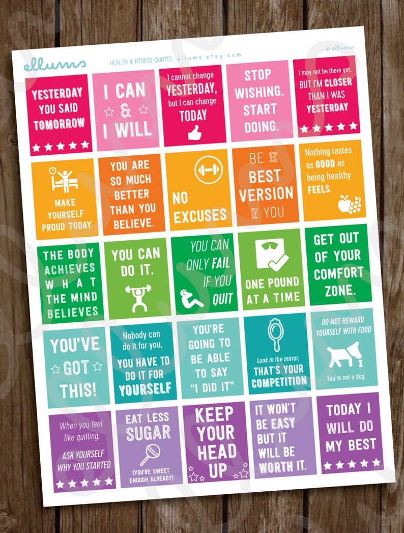 Fitness Planner Stickers PRINTABLE Workout Motivational Quote Stickers Full Box Quotes fits Erin Condren Weight Loss Inspiration image 1