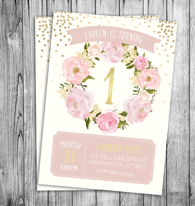 Garden Birthday Invitation First Birthday Girls Party Floral Pink Pas…