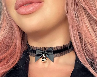 Black lace choker with silver bell choker sexy choker kawaii neko choker bell collar black velvet choker pet collar sexy pet play collar