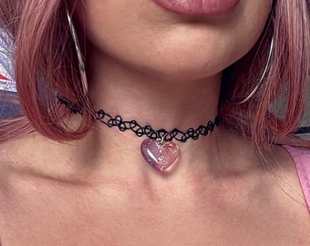 Heart tattoo choker necklace with pendant black elastic choker vintage stretch choker kawaii choker with heart