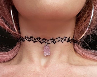 Bear gummy tattoo choker necklace with pendant black elastic choker vintage stretch choker kawaii choker with bear