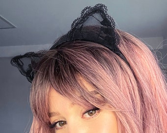 Oreilles de chat en dentelle noire, couronne de chaton, bandeau d'oreilles, couronne de bachelorette, costume de chat, bandeau de dentelle, couronne de dentelle, costume de fête, oreilles d'Ariana