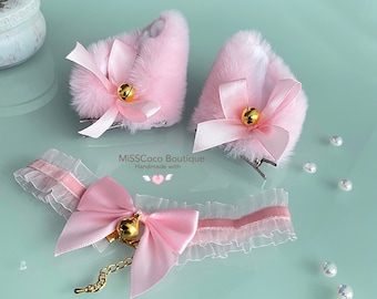 Pink Neko Cat Ears with gold bells, Cosplay Cat Ears, Kawaii Ears, Cat Neko Ears, Cosplay Ears, Kitten Ears, Kittenplay Ears Headband