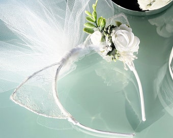 Bride Ears - White floral tiara with veil - Cat Veil Ears - Bridesmaid tiara, Ears with veil, Bachelorette tiara, Lace veil, Bride Party