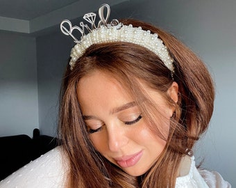 Silver Bride Pearls Tiara Silver Bachelorette tiara Crown Headband Tiara Veil Bride To Be Headband Crown with Veil