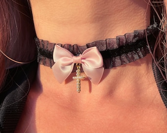 Cross Choker Black Lace Choker Lace Choker bow