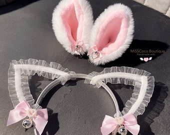 White Neko Cat ears with pink bows and silver bells