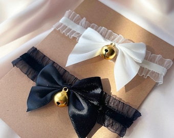 Set of black and white lace choker with gold bells cute kawaii choker bow