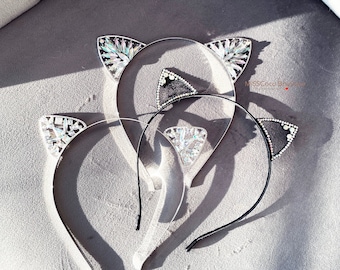 Silver Crystal Cat Ears Headband, Cat Ears, Ears Headband, Metal Kitten Ears, Kitty Cat Hair Band, Costume Ears, Cosplay Cat Ears