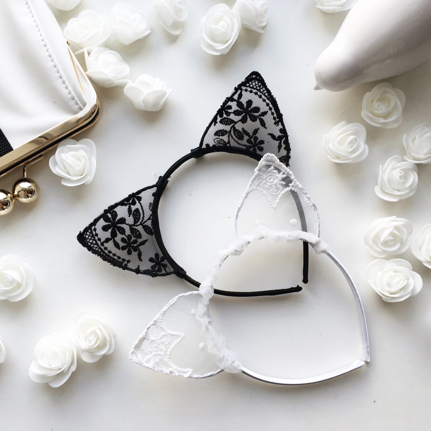 White lace cat ear Black cat ear White cat ear Lace ear Etsy