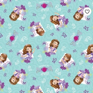 May include: A teal blue fabric with a repeating pattern of Princess Sofia the First. The pattern includes a purple flower design, butterflies, hearts, and the text "The Power of the Amulet".
